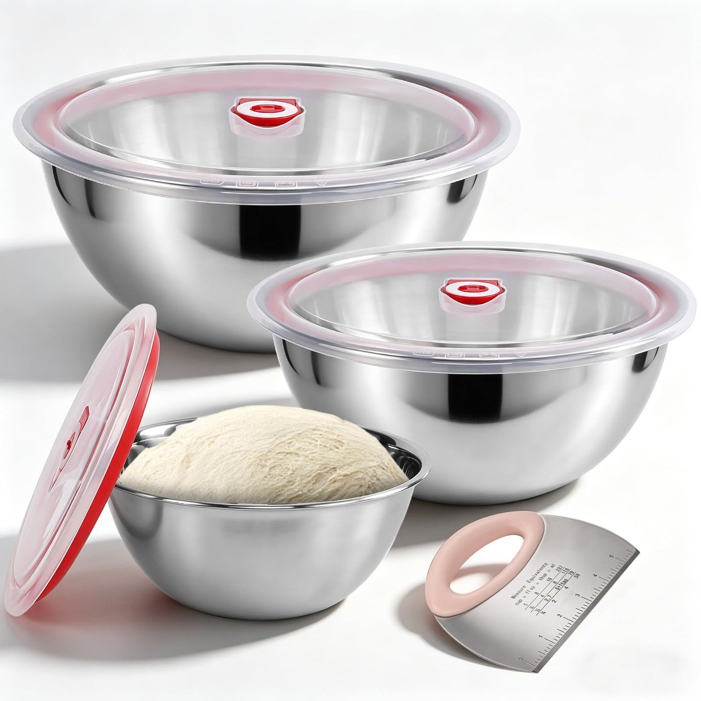NOELNEXUS 3 PCS Pizza Dough Proofing Container Set, 27oz/40oz/60oz 304 Stackable Stainless Steel Proofing Box with Clear Lid, Includes Dough Scraper, Ideal for Bulk Fermentation of Sourdough & Bread