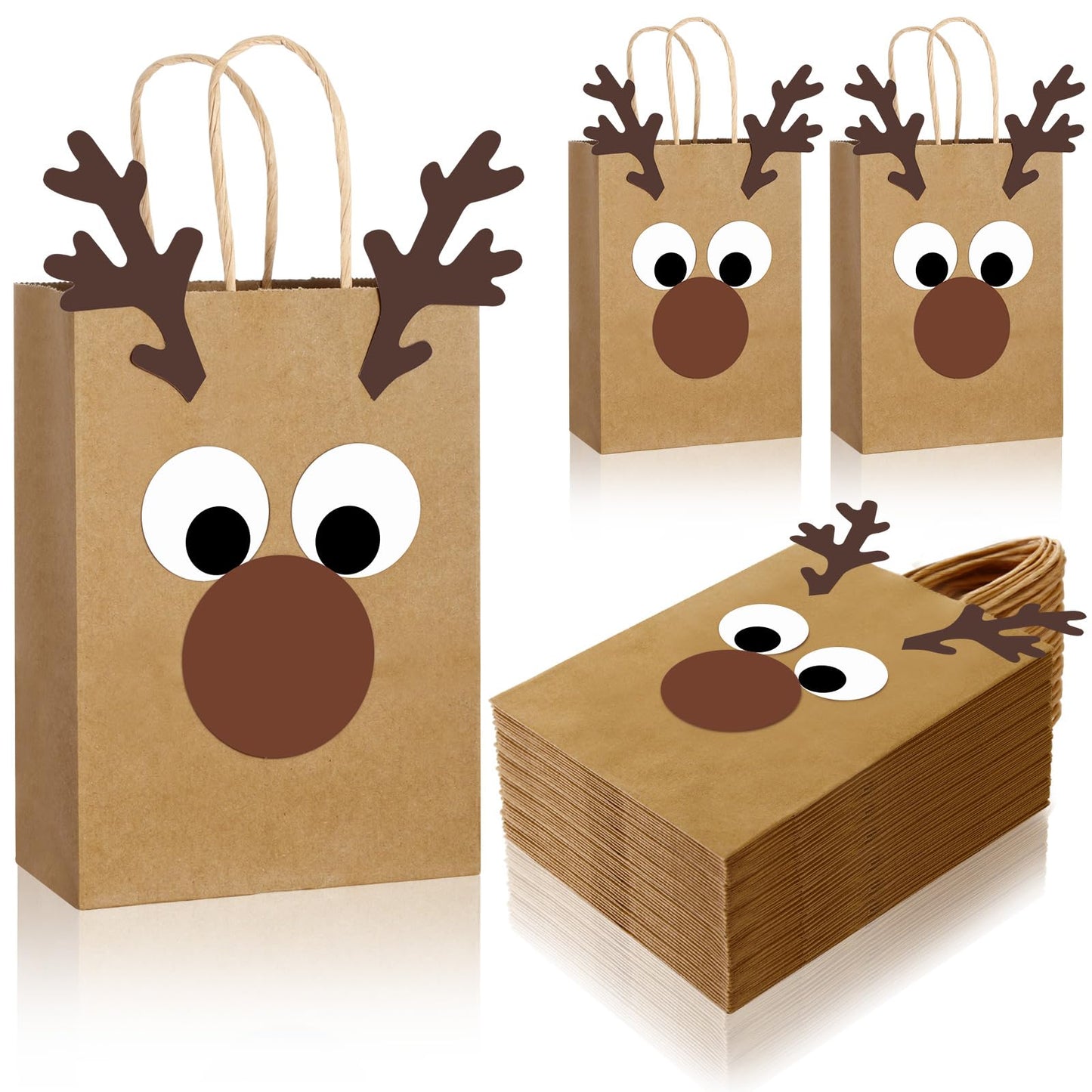 FOGWOWO 36 Pcs Reindeer Gift Bags DIY Reindeer Bags,Christmas Goodie Bags Kraft Paper Reindeer Treat Bags Party,Xmas Candy Bags Bulk with Handles Wrapping Supplies