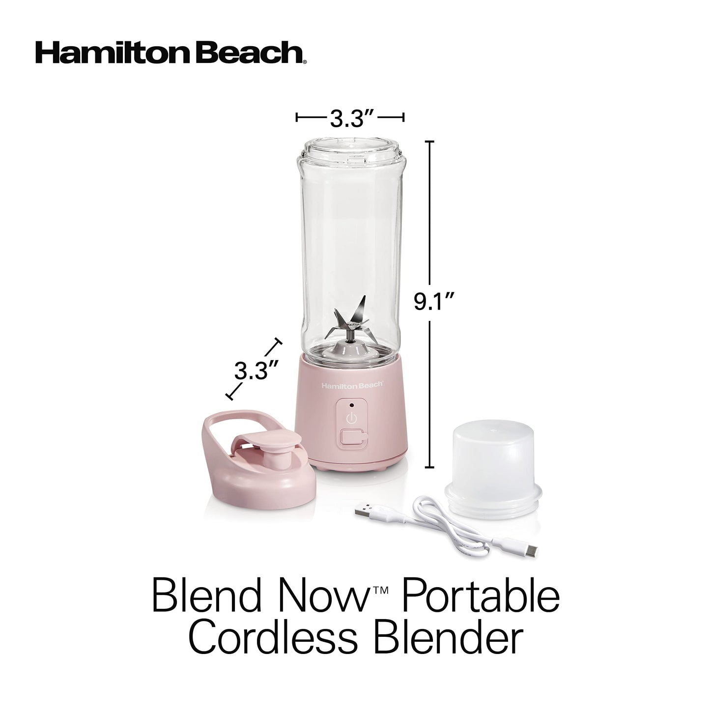 Hamilton Beach Mini Cordless Portable Personal Blender for Shakes and Smoothies, USB Rechargeable, 16 oz. Jar with Leakproof Travel Lid, 6 Stainless Steel Blades, Pink (51181)