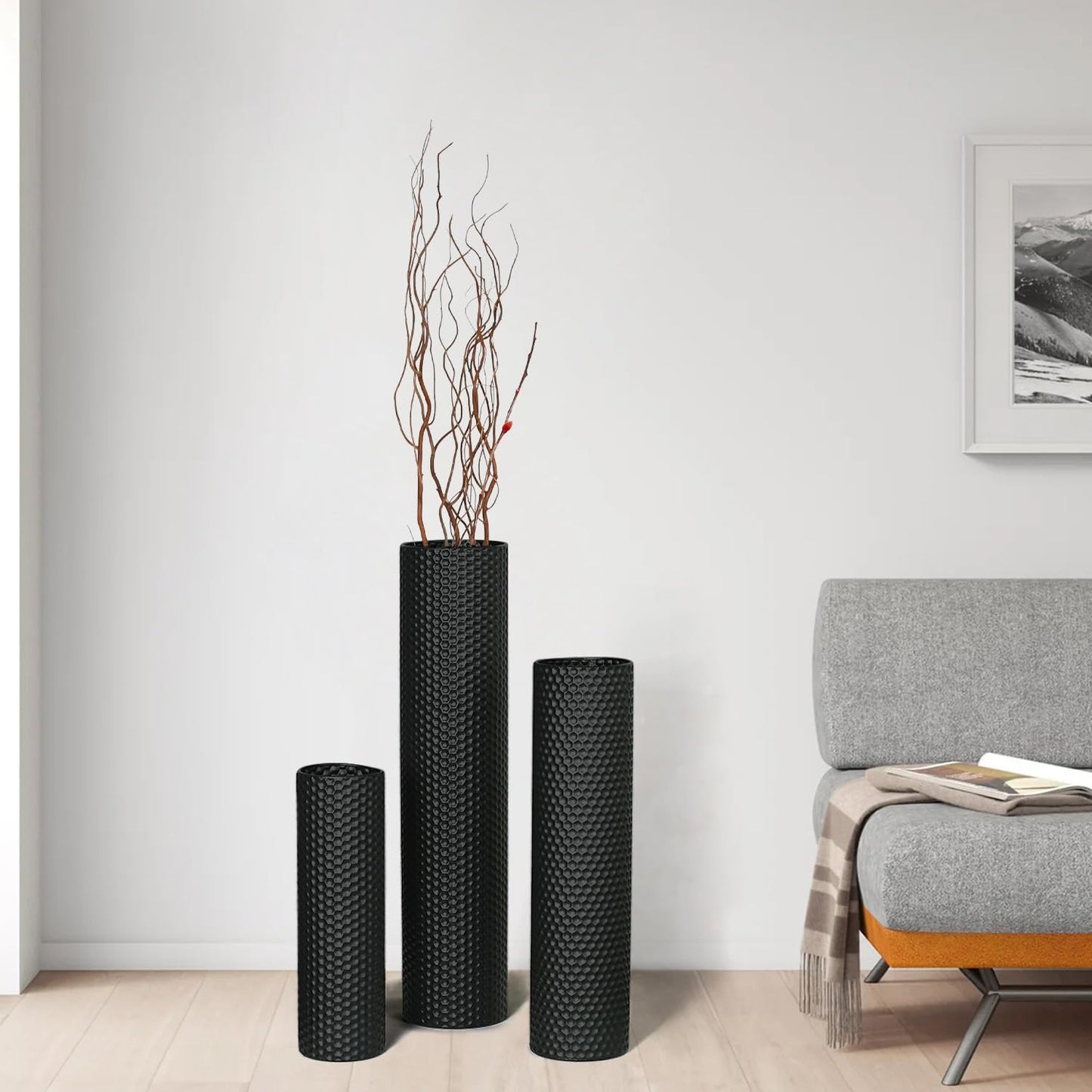 Dnnnii Tall Floor Vases Set of 3 - Black Metal Cylinder Vases for Living Room Corner, Modern Honeycomb Texture, Extra Large Standing Decor (Tallest 27.6in, Home Bedroom Dining Decor)