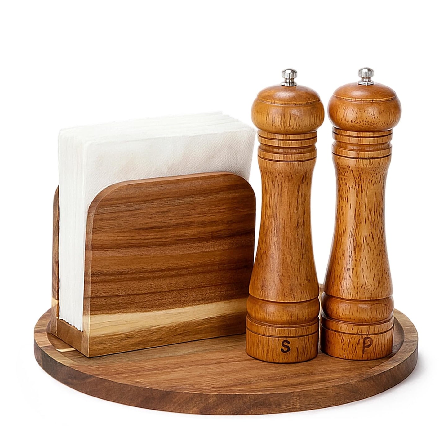 4 Pcs Rustic Farmhouse Decor Set Acacia Wooden Napkin Holder Salt and Pepper Shakers and 12" Round Wood Tray Spice Rack Table Tray for Kitchen Countertop Dining Table Centerpieces(Brown)