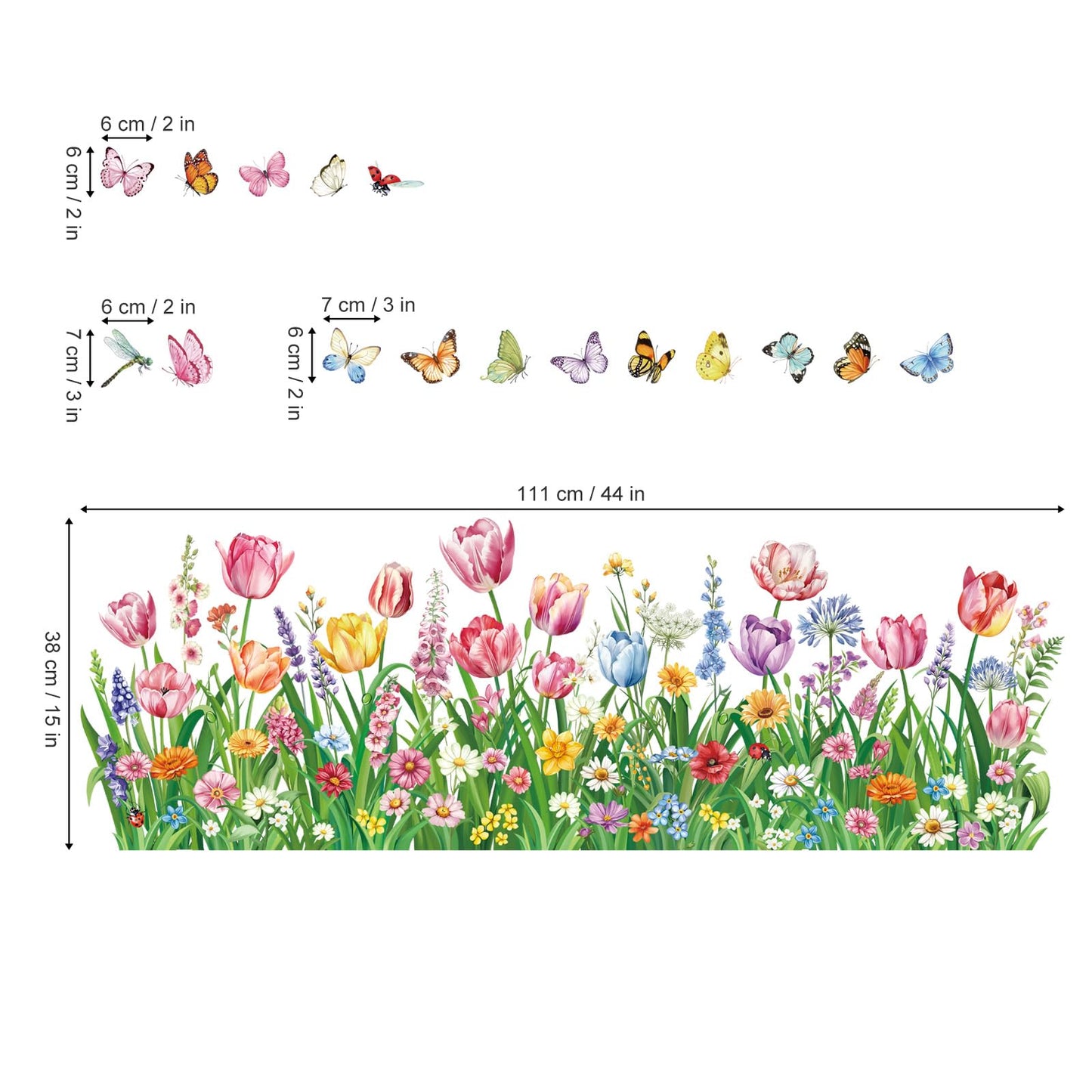 decalmile Spring Pink Tulips Flower Double Sided Window Clings Green Grass Garden Floral Wildflower Butterflies Anti-Collision Glass Doors Window Stickers Decals