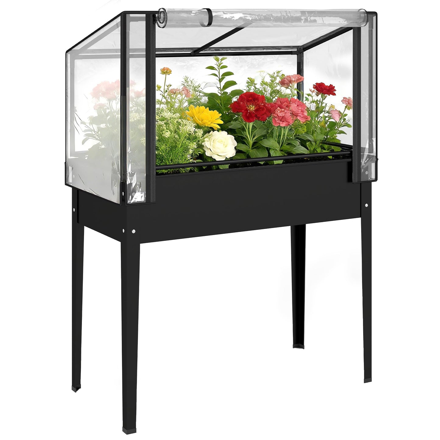 Outsunny Raised Garden Bed with Flip-Up Greenhouse Cover, Metal Elevated Garden Bed with Legs and Drainage Hole, Outdoor Raised Planter Box for Vegetables Herbs Flowers, 39.4" x 18.9" x 52.8", Black
