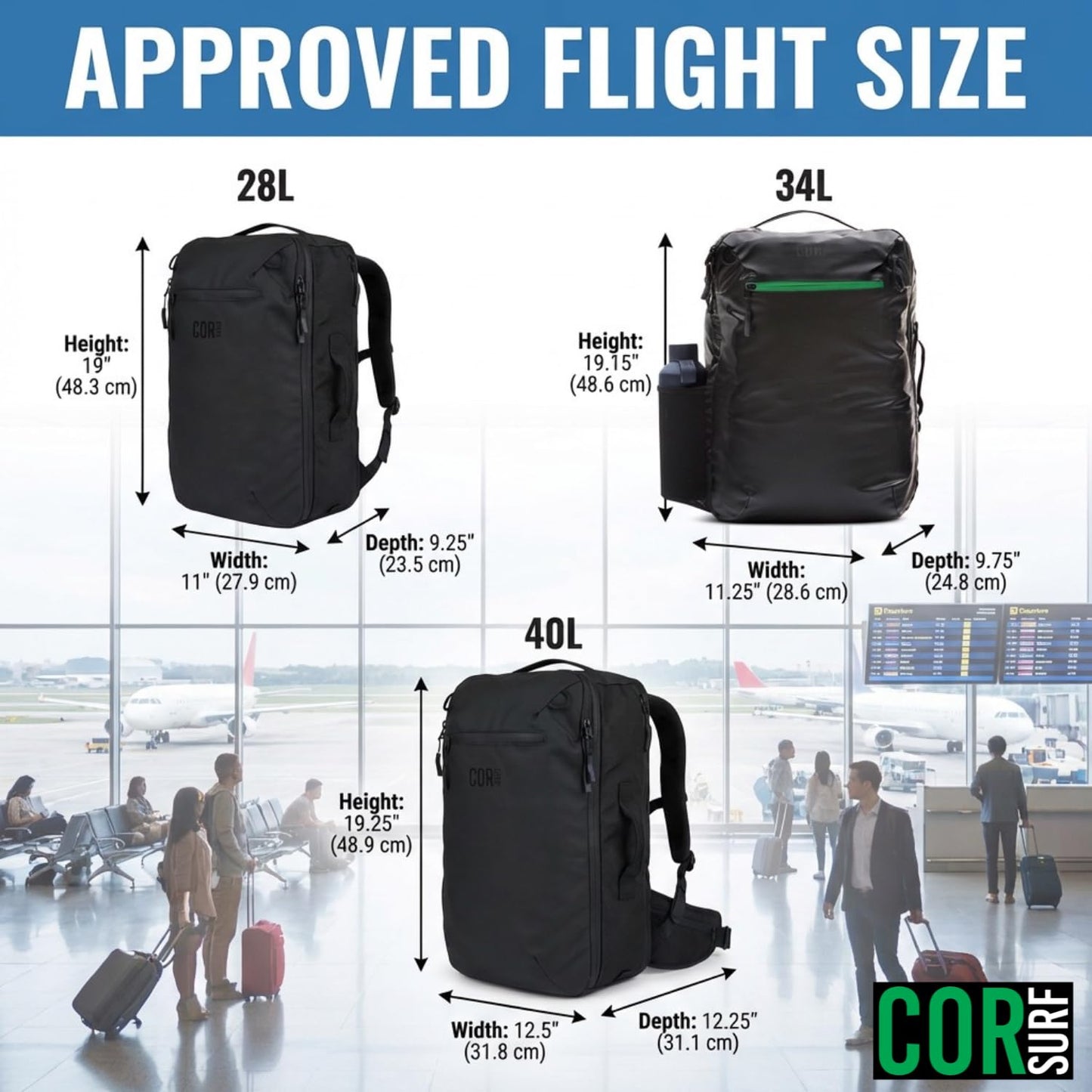 COR Surf Carry On Travel Backpack Bundle | Island Hopper Travel Backpack with Toiletry Bag and Compression Packing Cube Set (28L 2.0, Black with Green Zipper)