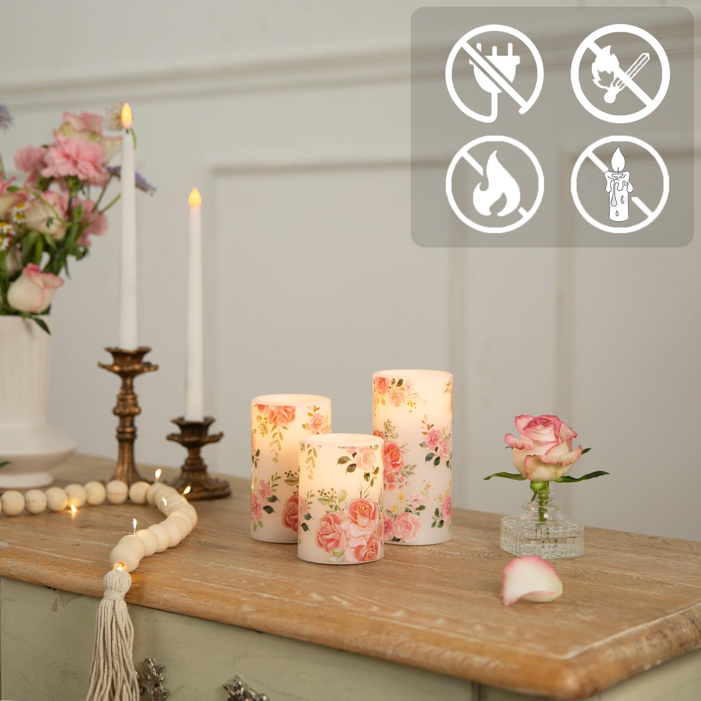 LUSHARBOR Flameless Candles with Remote, Battery Operated Candles Real Wax Pink Rose Flickering LED Candles Floral Christmas Decor Electric Pillar Candles Set of 3