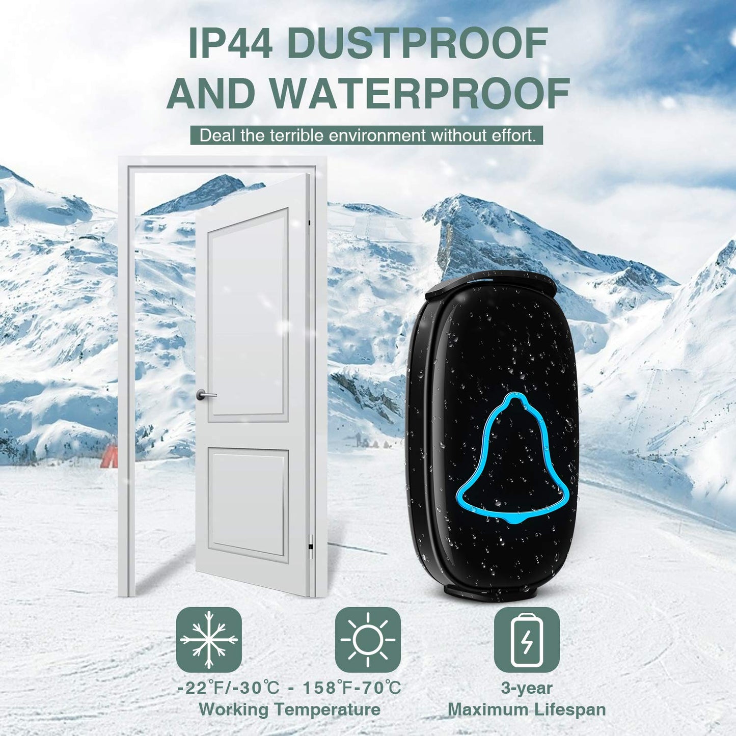 BO YING Wireless Doorbell, Bo Ying Waterproof Door Bell with 38 Melodies and Led Flash, Easy Install, 1000-Foot Range,1 Push Button & 1 Receiver, White
