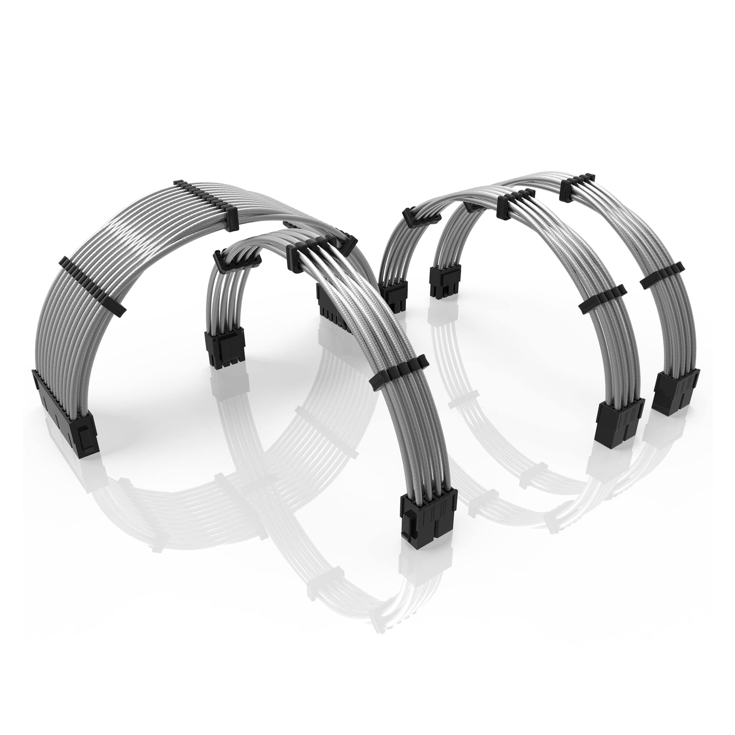 LINKUP - 30cm PSU PC Power Extension Cable Metallic Sleeved Silicone Coated Soft & Flexible to Route Custom Mod GPU & CPU w/Comb Kit | 1x 24P (20+4) | 1x 8P (4+4) CPU | 2x 8P (6+2) GPU | 300mm -Silver