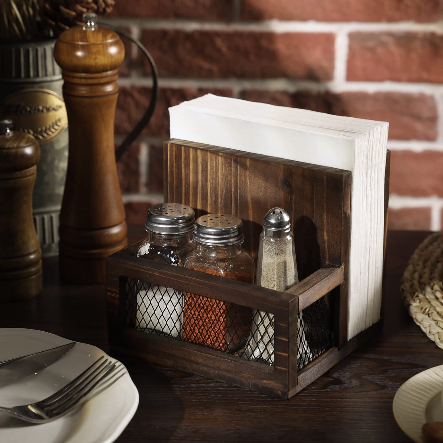 FARM IN Napkin Holder, Farmhouse Multifunctional Napkin Holder with Salt and Pepper Shakers Holder for Home Kitchen Table Centerpiece and Commercial, Rustic Solid Burnt Wood & Diamond Metal Wire Mesh