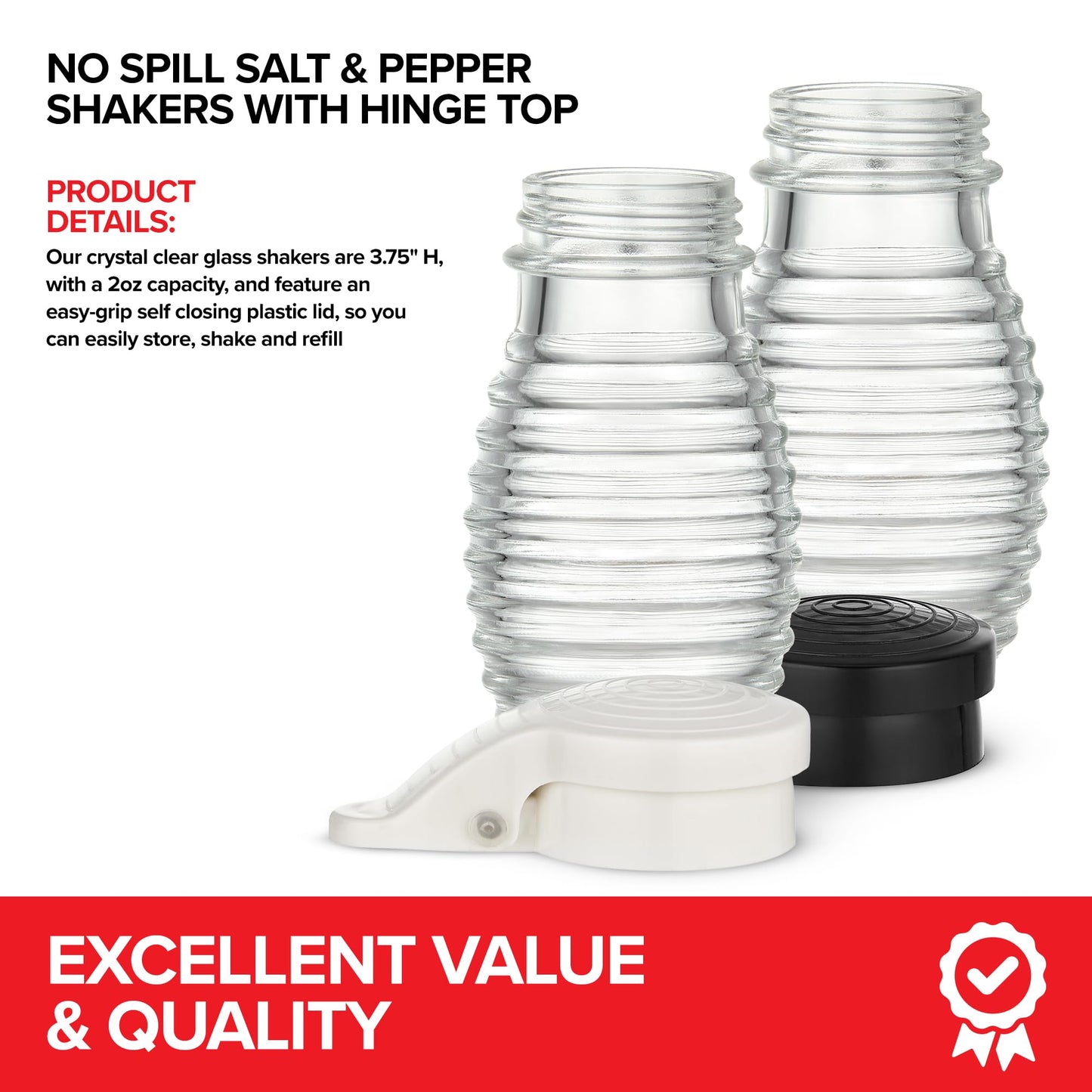 No Spill Salt & Pepper Shakers with Hinge Top, Moisture-Proof Lids- Honeycomb Glass table Salt and Pepper Shaker Set with Airtight, Self Closing Covers for Restaurants, Diners, Home & Cafes