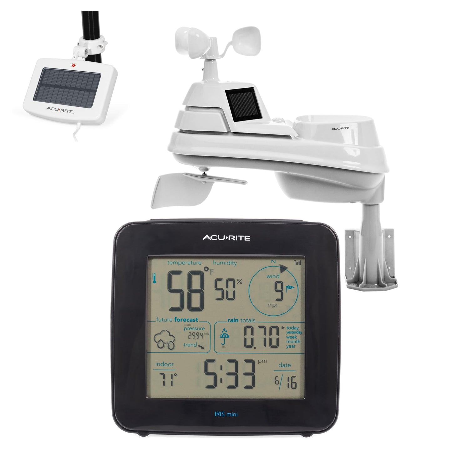 AcuRite Iris® Weather Station with Solar Power Pack, Barometer, Mini Wireless Display for Temperature, Humidity, Wind Speed, Wind Direction, Historic Rainfall Totals, and Hyperlocal Forecast (01122M)