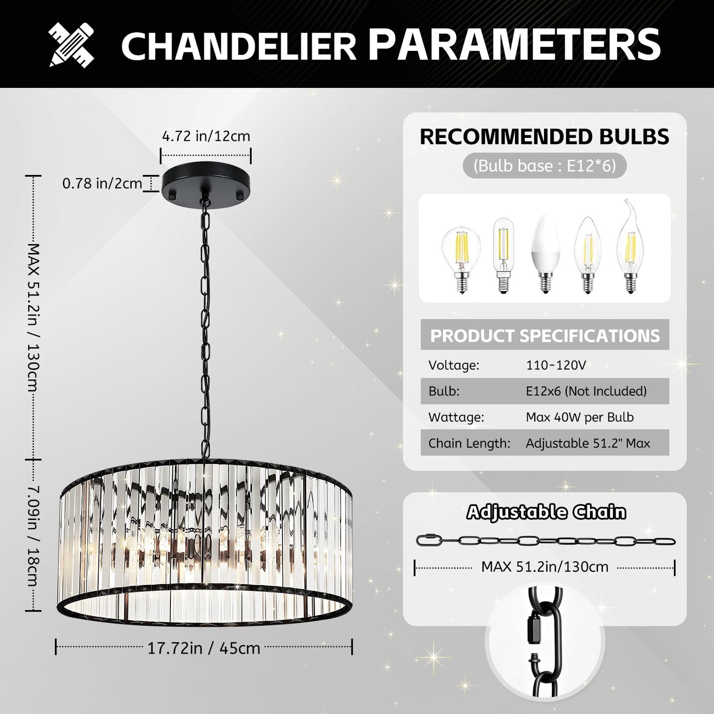 KRETAELY 17.7" Black Crystal Chandelier, 6-Light Crystal Chandeliers for Dining Room with Adjustable Height, Farmhouse Dining Room Light Fixture for Dining Room, Living Room, Bedroom, Entryway