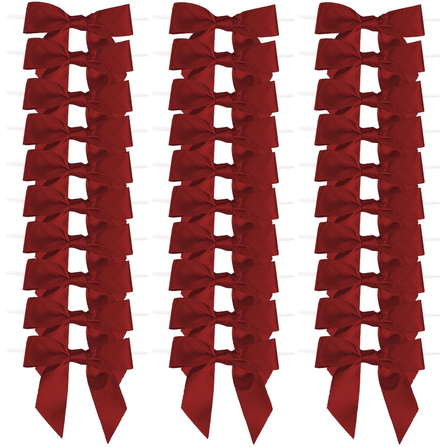 50 Pcs 3.5" Burgundy Red Satin Ribbon Bows, Pre-Tied Mini Twist Tie Craft Bows for Treat Bags, Wine Bottle - Christmas Premade Wire Bowknot for Gift Wrapping Birthday Wedding Party Favors