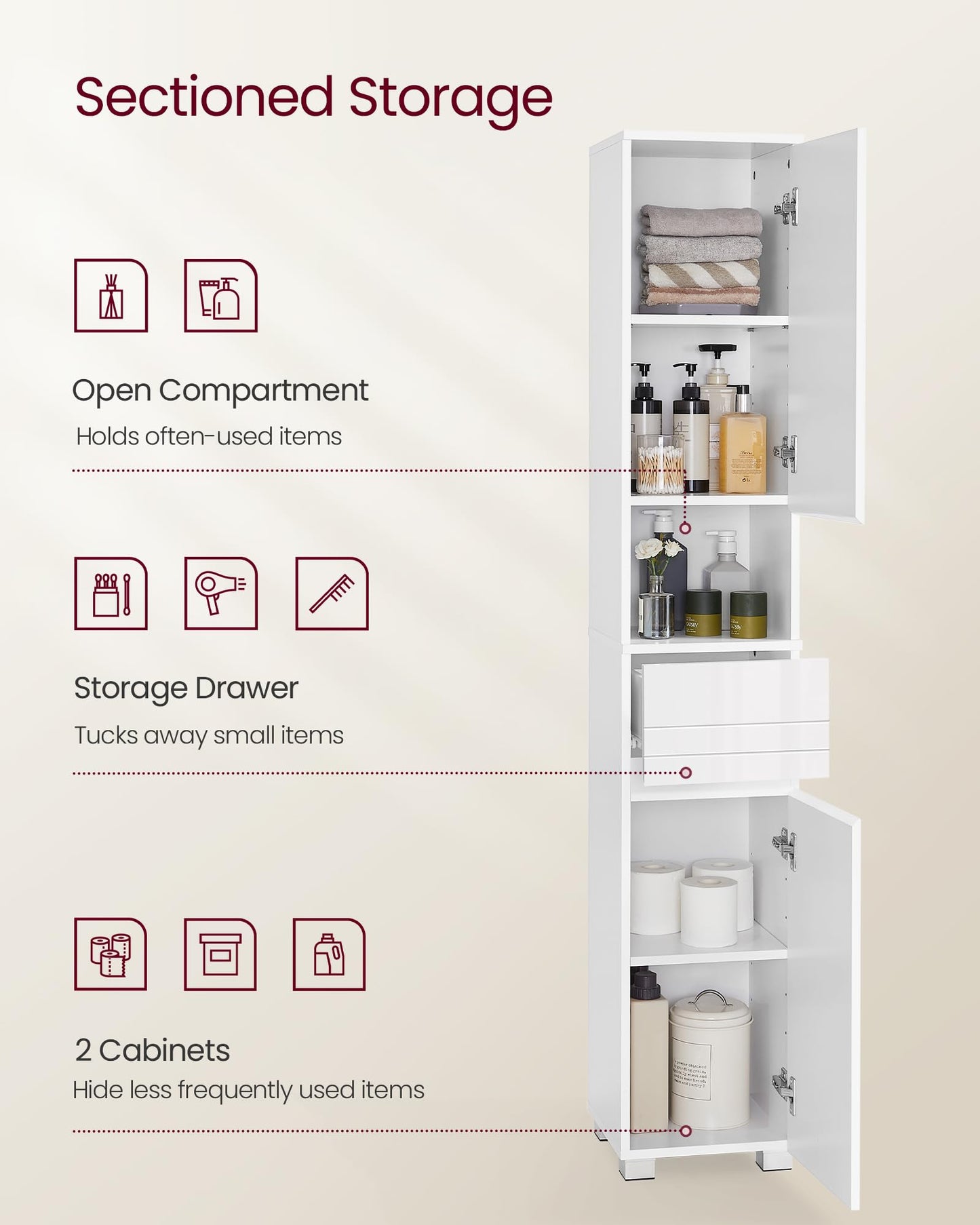 VASAGLE Tall Bathroom Cabinet, Slim Storage Cabinet, Narrow Cupboard, Bathroom Storage Unit, with a Drawer, Adjustable Shelves, 30 x 30 x 170 cm, White BBC560P31