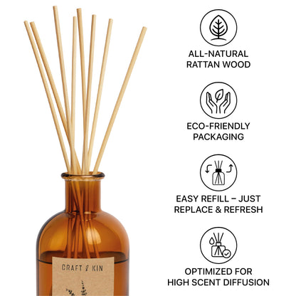 Craft & Kin Sage, Mint & Lavender Reed Diffuser | All Natural Essential Oil & 8 Rattan Scent Sticks | Reed Diffusers for Home, Bathroom | Long Lasting Home Fragrance in Amber Glass, 5.75oz