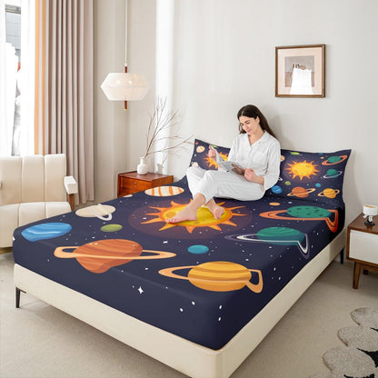 Erosebridal Planets of Solar System Sheet Set Mercury Earth Mars Neptune Saturn Jupiter Fitted Sheet for Kids Teens Adults Bed Décor Universe Space Galaxy Starry Sky Bedding Set Twin