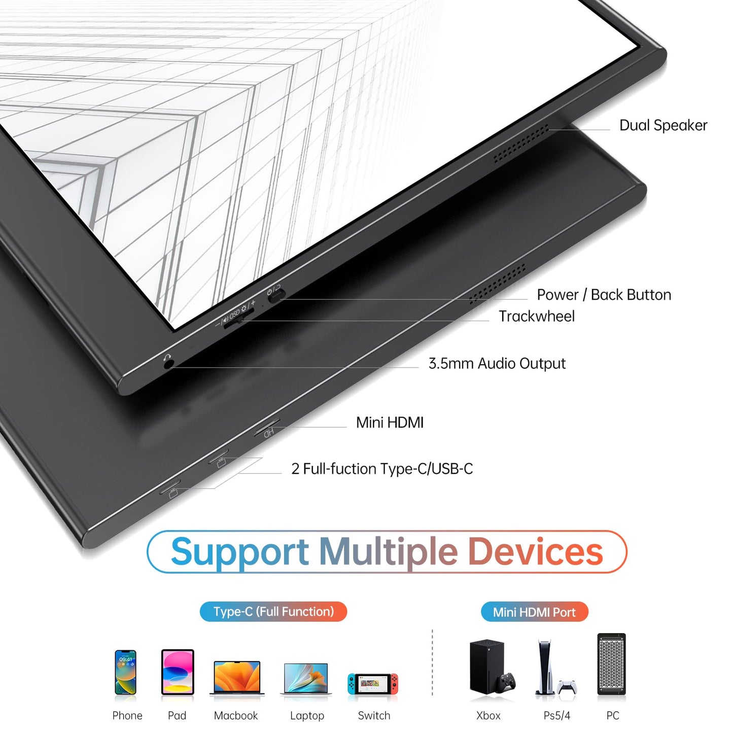 VILVA Portable-Monitor-for-Laptop - 15.6'' 1080P FHD IPS Display USB-C HDMI Portable Monitor for Laptop with Cover and Speakers External Monitor for Laptop/PC/Mac/Phone/Xbox Switch/PS4/