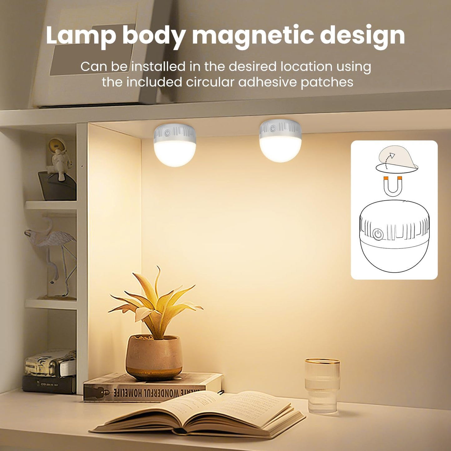 LGMCF Rechargeable Light Bulb, E14 Dimmable Light Bulb with Magnetic Base Detachable, 3 Color 6W Portable Battery Operated Bulbs with Remote Control & Timer for Non Hardwired Lamps, Emergency, 2 Pack