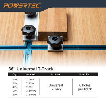POWERTEC 71372V 36 Inch Double-Cut Profile Universal T-Track with Predrilled Mounting Holes, 4 Pack, T Track for Woodworking Jigs and Fixtures, Drill Press Table, Router Table, Workbench