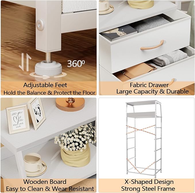 Furnulem White Dresser with 5 Drawers, Vertical Storage Tower Fabric Dresser