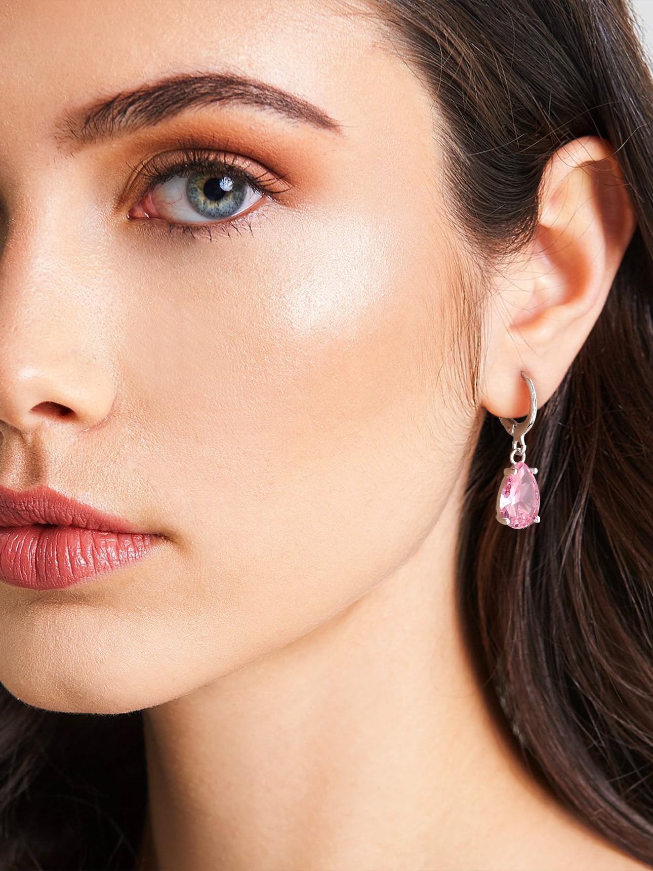 Bestyle Silver Pink Tourmaline Drop Earrings | Hypoallergenic Silver Huggie Hoop Leverback Earrings | Small Sparkle Teardrop October Birthstone Dangle Earrings For Women