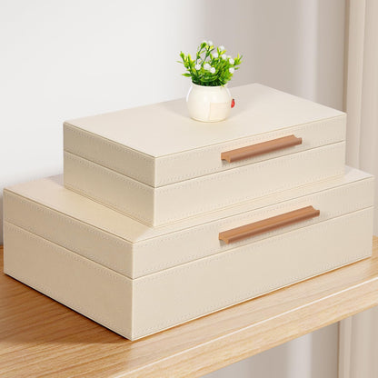 YUNSCEND Decorative Boxes with Lids 2-Set, Memory Box for Keepsakes, Saving Space, Beautiful PU Leather Keepsake Box, Decorative Storage Boxes with Gold Metal Handles Store Photos, Documents White