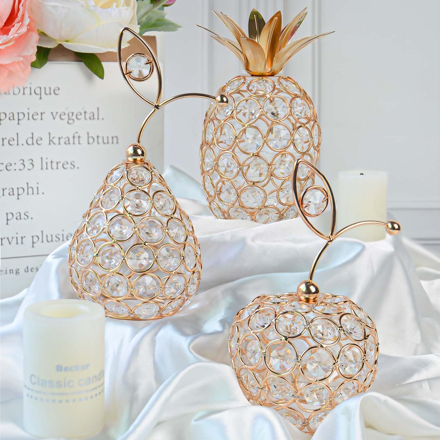 Kehail Set of 3 Elegance Crystal Metal Pineapple Pear Table Centerpiece Handmade Crystal Candlestick Hollow Fruit Ornament Home Party Wedding Holiday Decoration (Gold, Set of 3)
