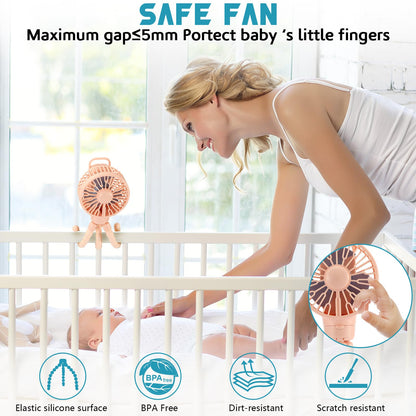 snawowo Mini Portable Stroller Fan, Battery Operated Personal Small Handheld Fan with Flexible Tripod, 3 Speed Rechargeable Clip On for Car Seat Crib Treadmill Travel Camping Pink