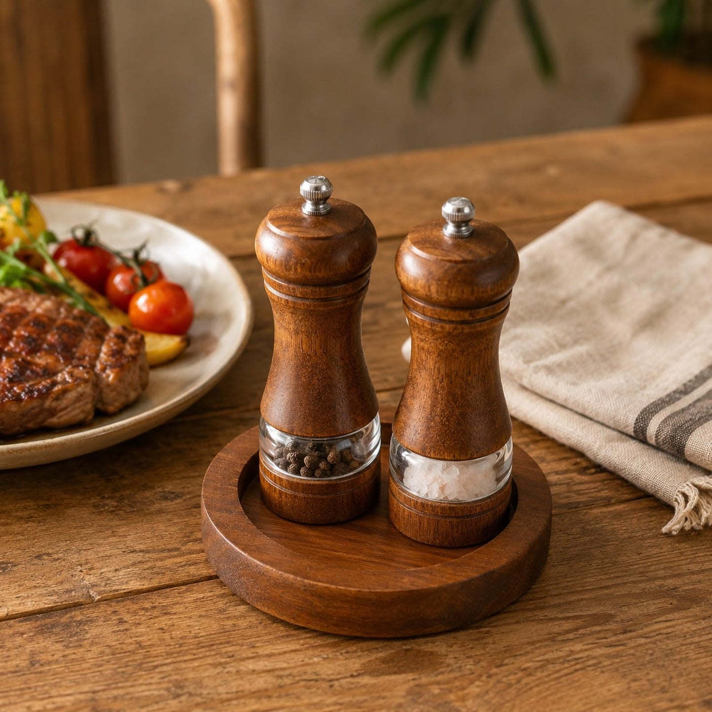 LOGOFUN Acacia Wood Spice Grinder Tray with Round Base Manual Salt Pepper Mill Holder for Kitchen Bottle Storage Home Supplies - 7.5X7.5X1.2cm/2.95X2.95X0.5in