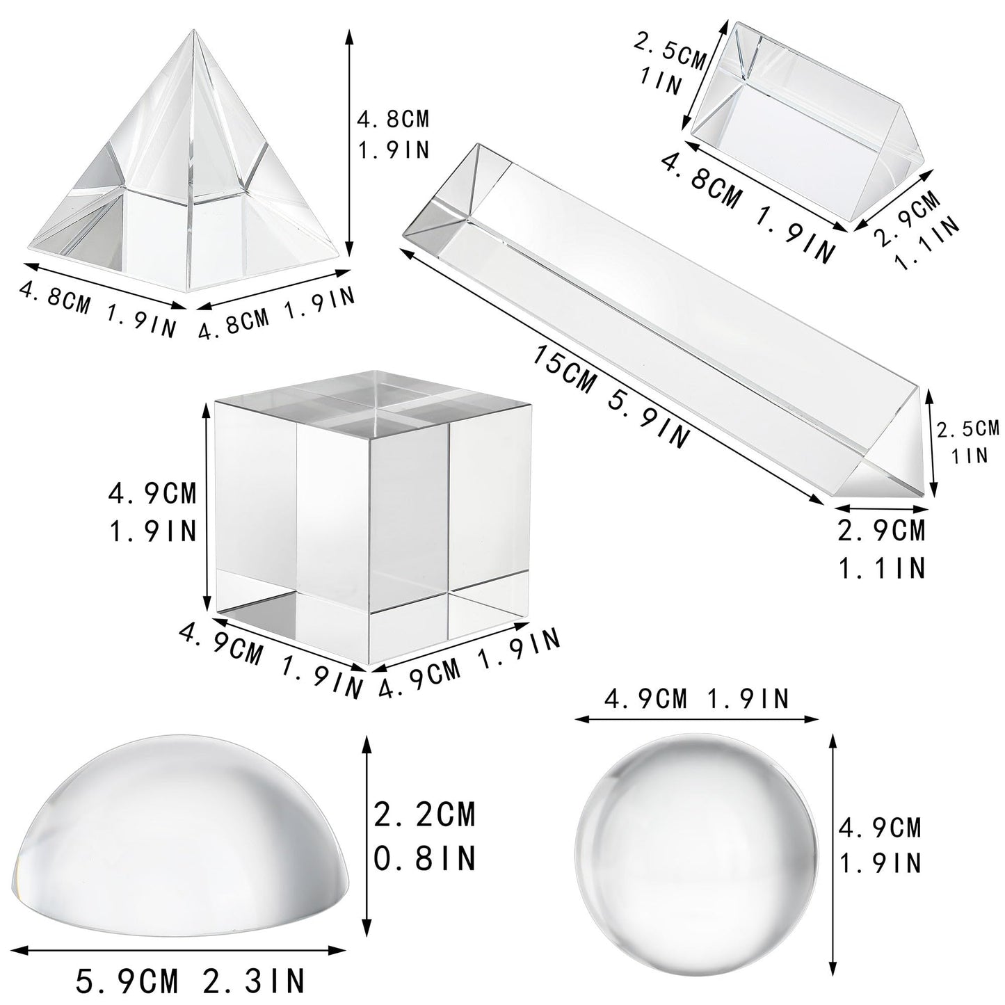 QFkris 6 Pack K9 Optical Crystal Photography Prism Set, Include 50mm Crystal Ball, Cube,Optical Pyramid, 50mm & 150mm Triangular Prism,60mm Dome Magnifying with Cloth for Teaching, Playing
