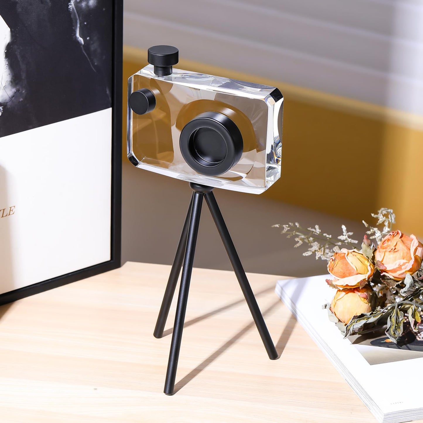 JOASURA Crystal Camera Model Statues- Small Black with Bracket 3.94x5.12inch 2.2LB,Camera Crafts Collectible Figurine Home Desktop Decoration