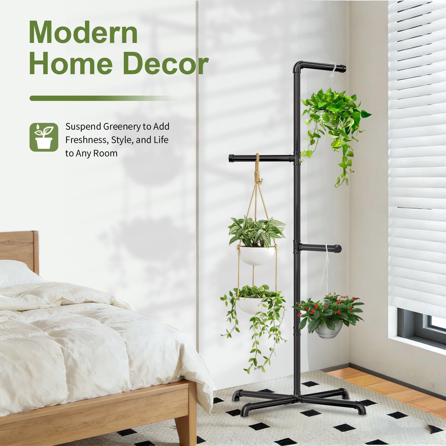 Chloraeon Hanging Plant Stand, Plant Hanger Indoor, Corner Hanging Plant Stand, Black Metal Holder for Bedroom, Living Room, Garden, Balcony