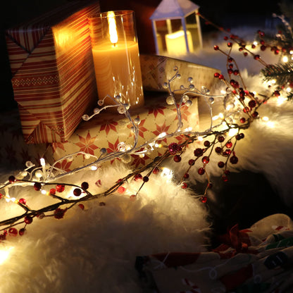 Rhytsing Red Berry Branch Pre-lit Garland with 30LED Lights, Battery Operated Fairy String Lights with Timer Function for Christmas Mantle Decoration Indoor Use - 5.9FT