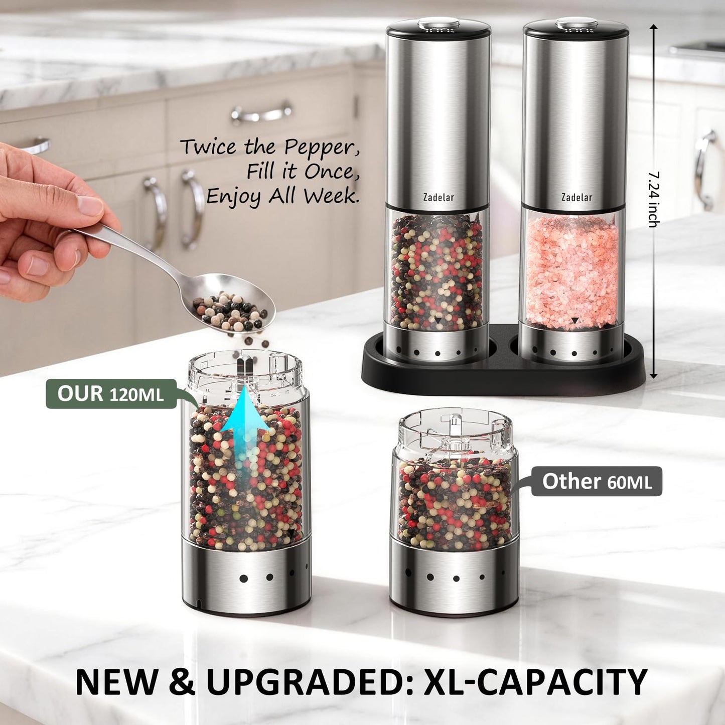 Rechargeable Electric salt and pepper grinder set with Storage Base,Automatic Refillable Salt and Pepper Shakers with LED Display,Upgraded Large Capacity,External Adjustable Coarseness for Mom Gifts
