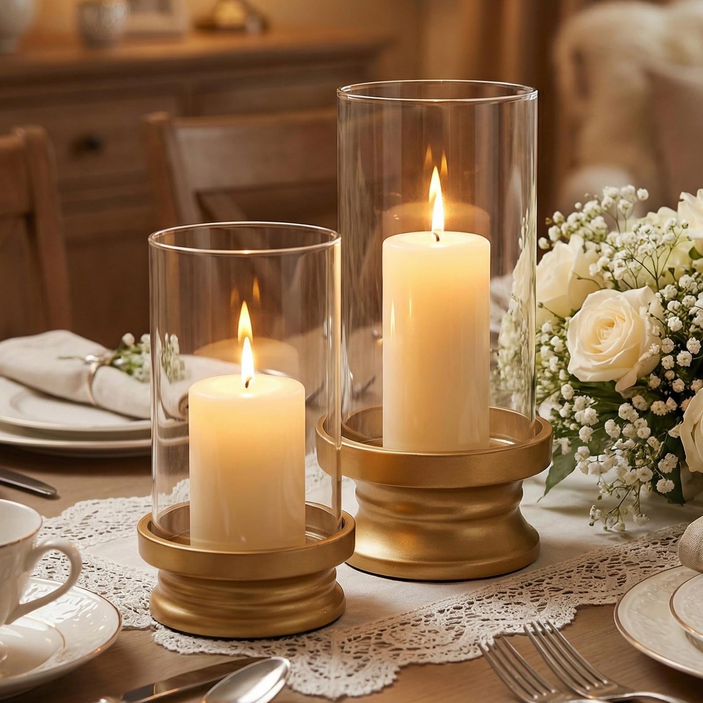 Gold Hurricane Candle Holders Set of 2 with Glass - Modern Pillar Candle Stands for Fireplace Mantel, Dining Table Centerpiece & Home Decor, 7.1" & 9" High