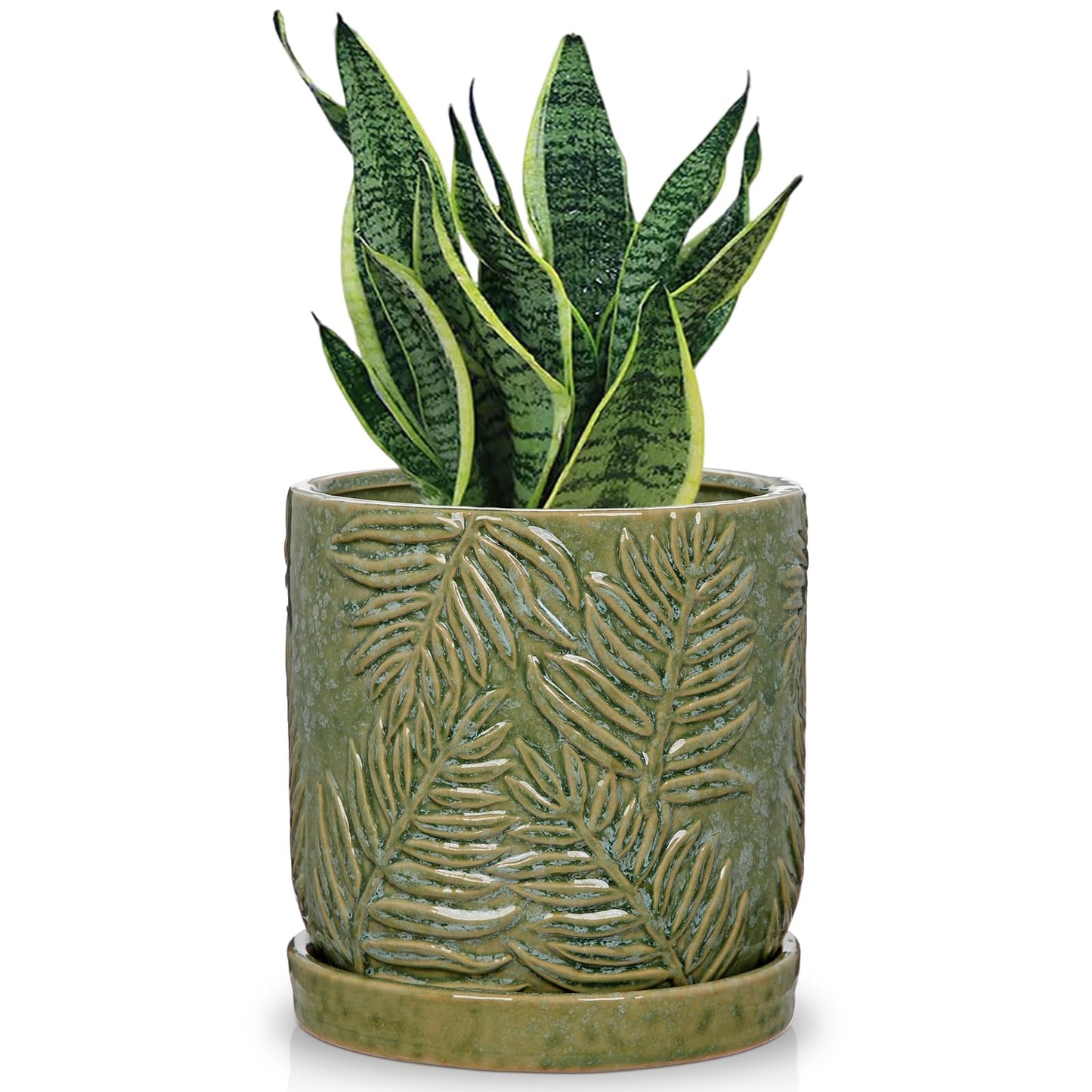 GnFlus 5.5 Inch Ceramic Planter Pots with Drainage Holes, Saucers for Indoor-Outdoor Plants, Succulent Orchid Flower Large Round Plant Pot Green