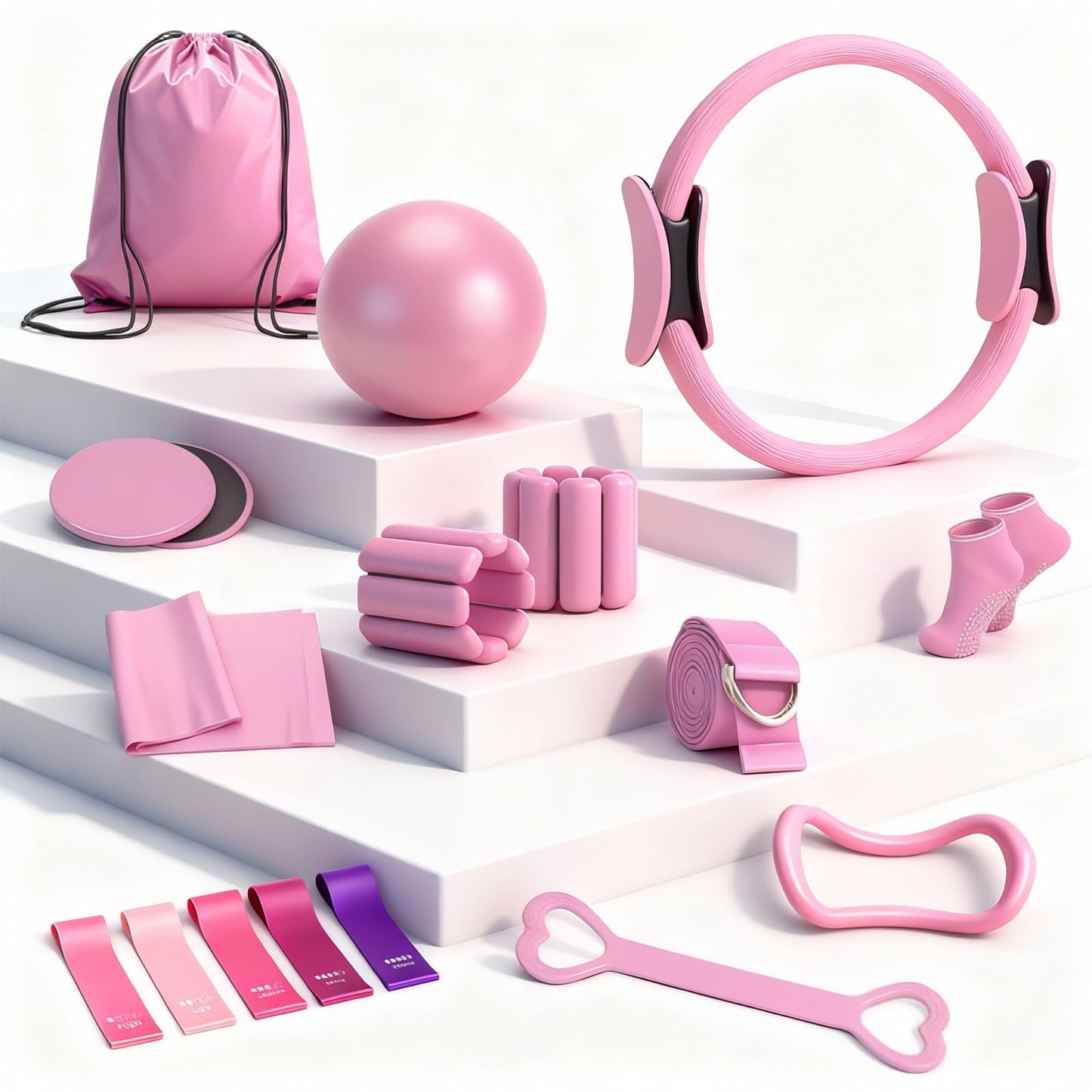 Pilates Equipment Kit for Home Workouts - 18pcs Set- 14'' Pilates Ring and Ball Set for Women, Pilates/Yoga Accessories Kit with Wrist Weights, Resistance Bands, Core Sliders, Yoga Strap (pink)