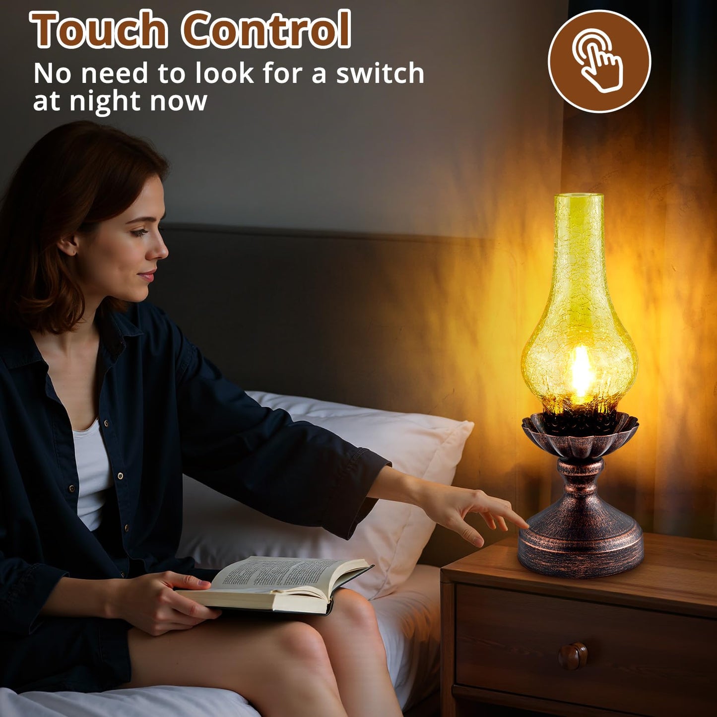 LEDIKON Vintage Table Lamp,Touch Control & 3-Way Dimmable Rustic Retro Farmhouse Bedside Lamp with Amber Glass Shade and LED Bulb for Bedroom, Living Room, Cabin, Office