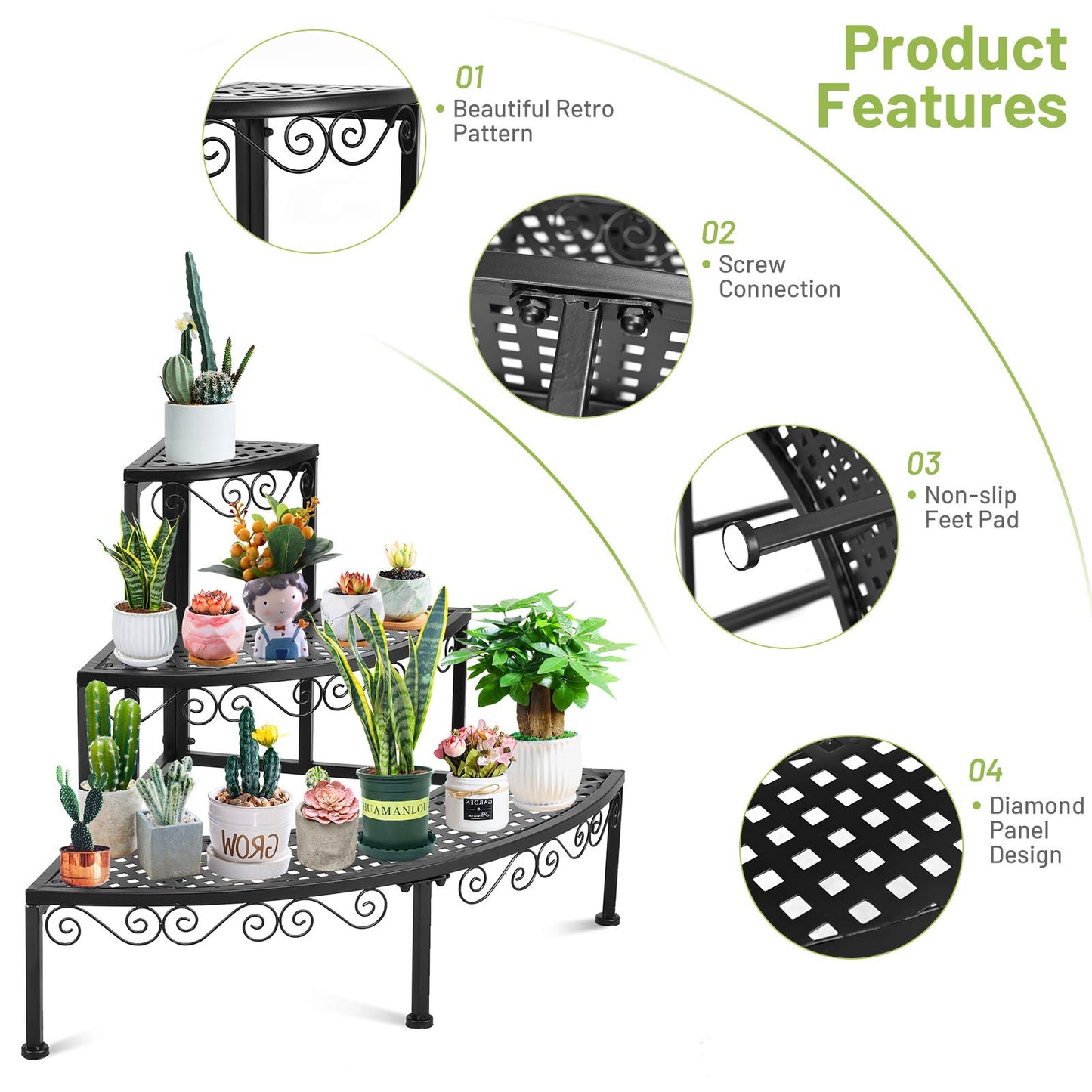 S AFSTAR Metal Plant Stand, 3-Tier Corner Plant Ladder Shelf for Indoor Outdoor, Freestanding Flower Pot Holder for Balcony Garden Office