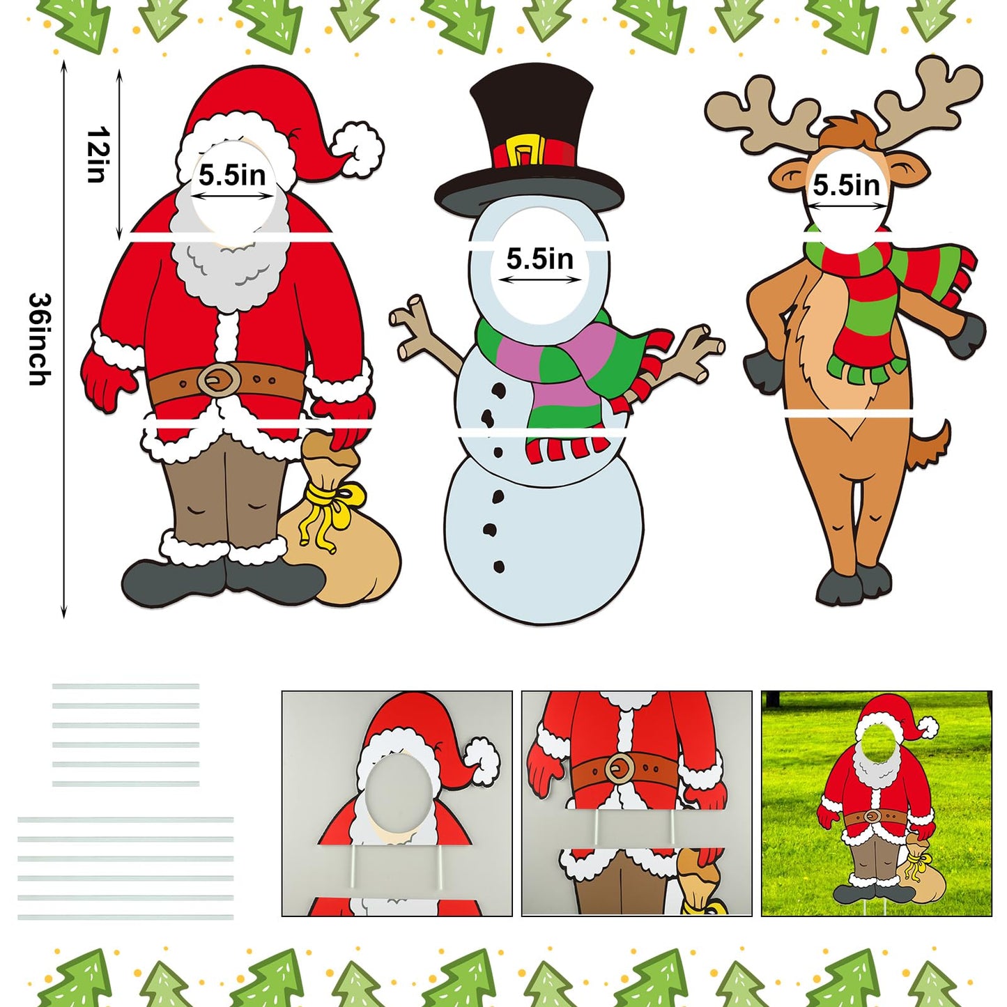 Soaoo 3 Pcs 36" Christmas Yard Sign Snowman Santa Claus Reindeer Photo Props Xmas Outdoor Decorations Large with Stakes Holiday Face Photo Cutout Decorations for Yard Lawn Garden Xmas Gifts