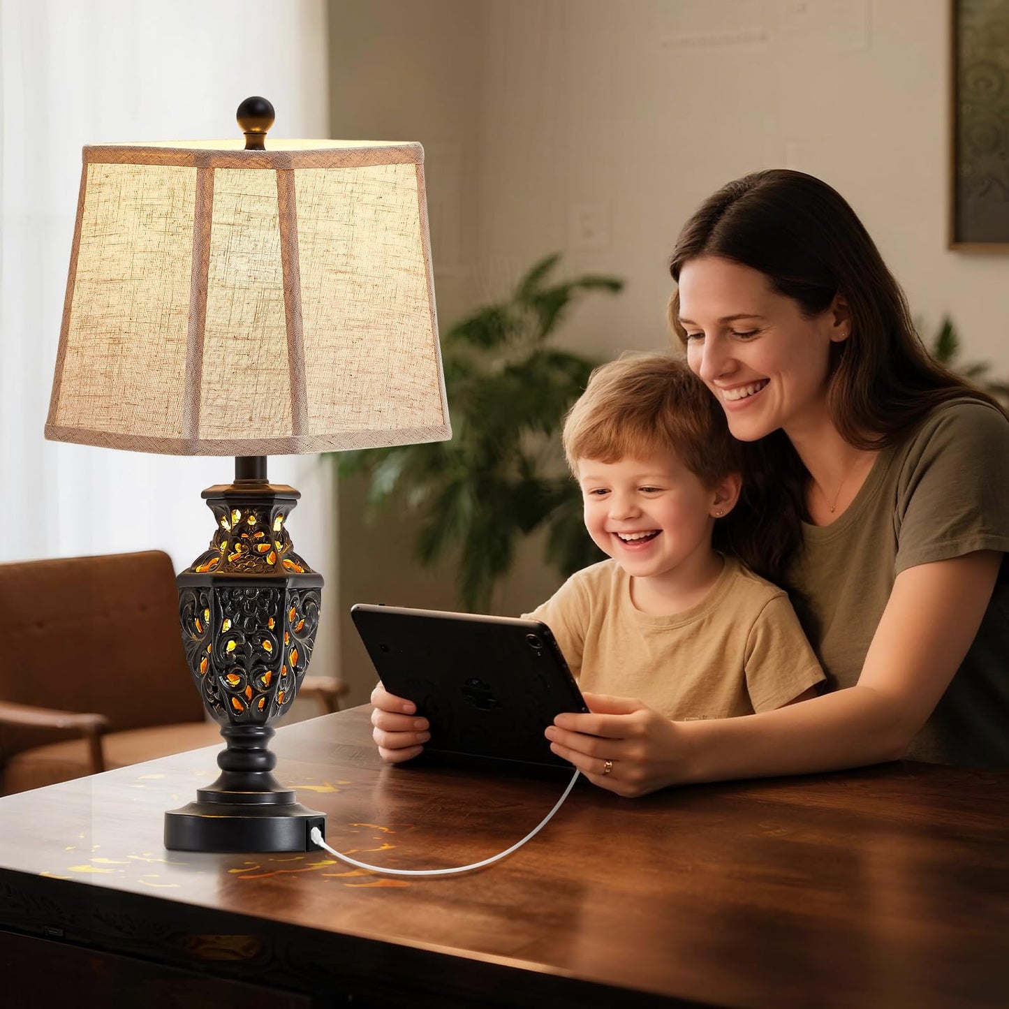 EJIAXIN Lamps for Night Stands Set of 2-23.5" Vintage Bedside Lamp with USB A+C and Nightlight - Black Retro Carved Resin Farmhouse Table Lamp for Bedrooms, End Tables, Living Room, Bulbs Included