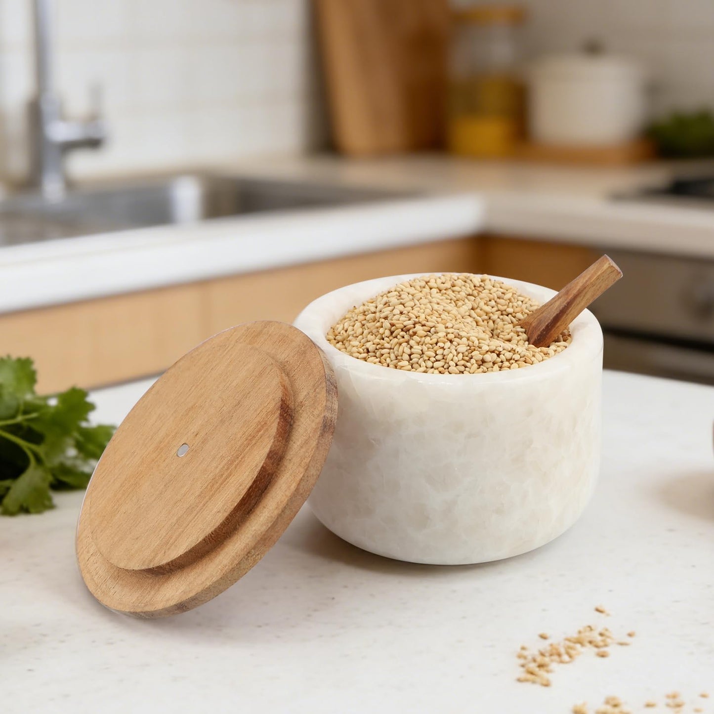 Lc.Courage Salt and Pepper Spice Cellar, Marble Container for Coffee, Sugar, Spices and Candies, With Built-in Magnetic Attraction Spoon and Acacia Wood Lid, 6.5 oz (Snowflake White)