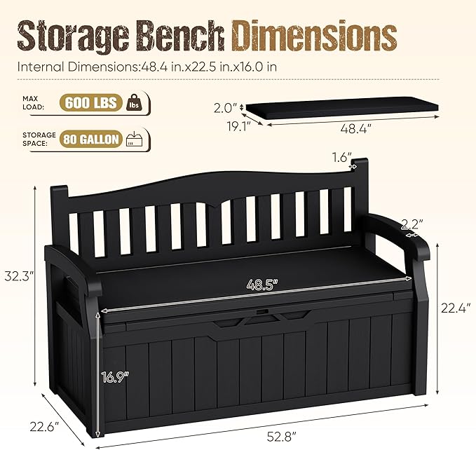 80-Gallon Outdoor Storage Bench with Cushion, Lockable Waterproof Deck Box with Armrests for Patio, Garden, Pool, Black