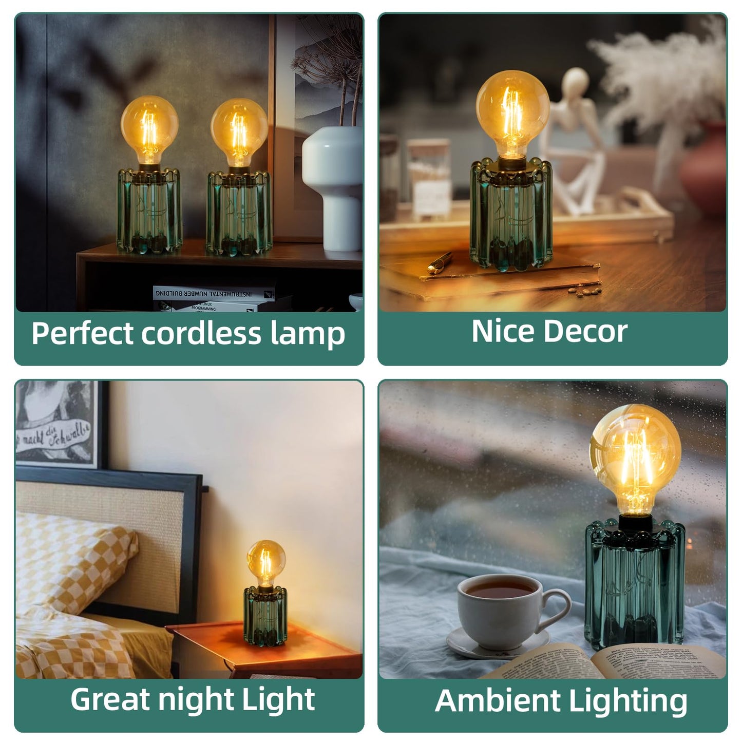 Set of 2 Battery Operated Table Lamp, Battery Powered Cordless Lamp with Timer, Glass Bulb Shape Decorative Lights for Living Room Bedroom Weddings Parties Patio Events Indoors Outdoors（Loden Frost）