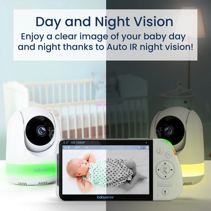 Babysense 5.5” 1080p Full HD Split-Screen Baby Monitor, Video Baby Monitor with Camera and Audio, Two PTZ Cameras, RGB Night Light, 300m Range, Two-Way Audio, 4x Zoom, 5000mAh Battery