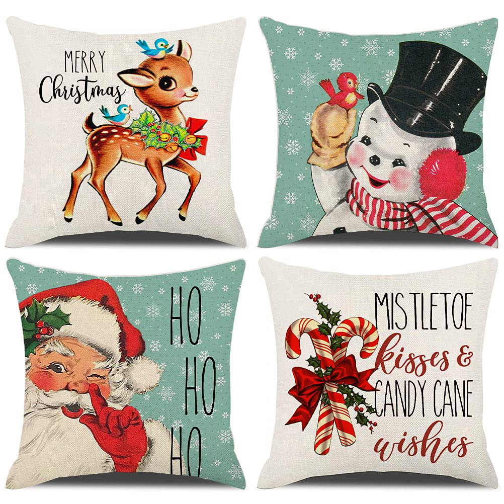 KACOPOL Christmas Decorations Pillow Covers 18×18 Set of 4 Snowflake Santa Snowman Deer Bird Candy Cane Xmas Rustic Winter Holiday Throw Pillows Farmhouse Christmas Decor Cushion Cases (18"x18")