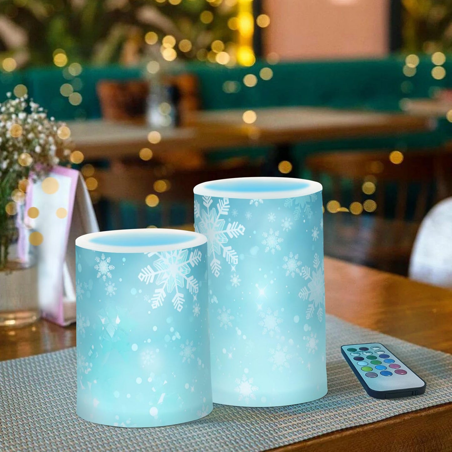 senya Christmas Lights Flameless Candles Teal Turquoise Snowflake Pillar Candles Set of 2 Battery Operated Remote Control Warm Lights Home Decor