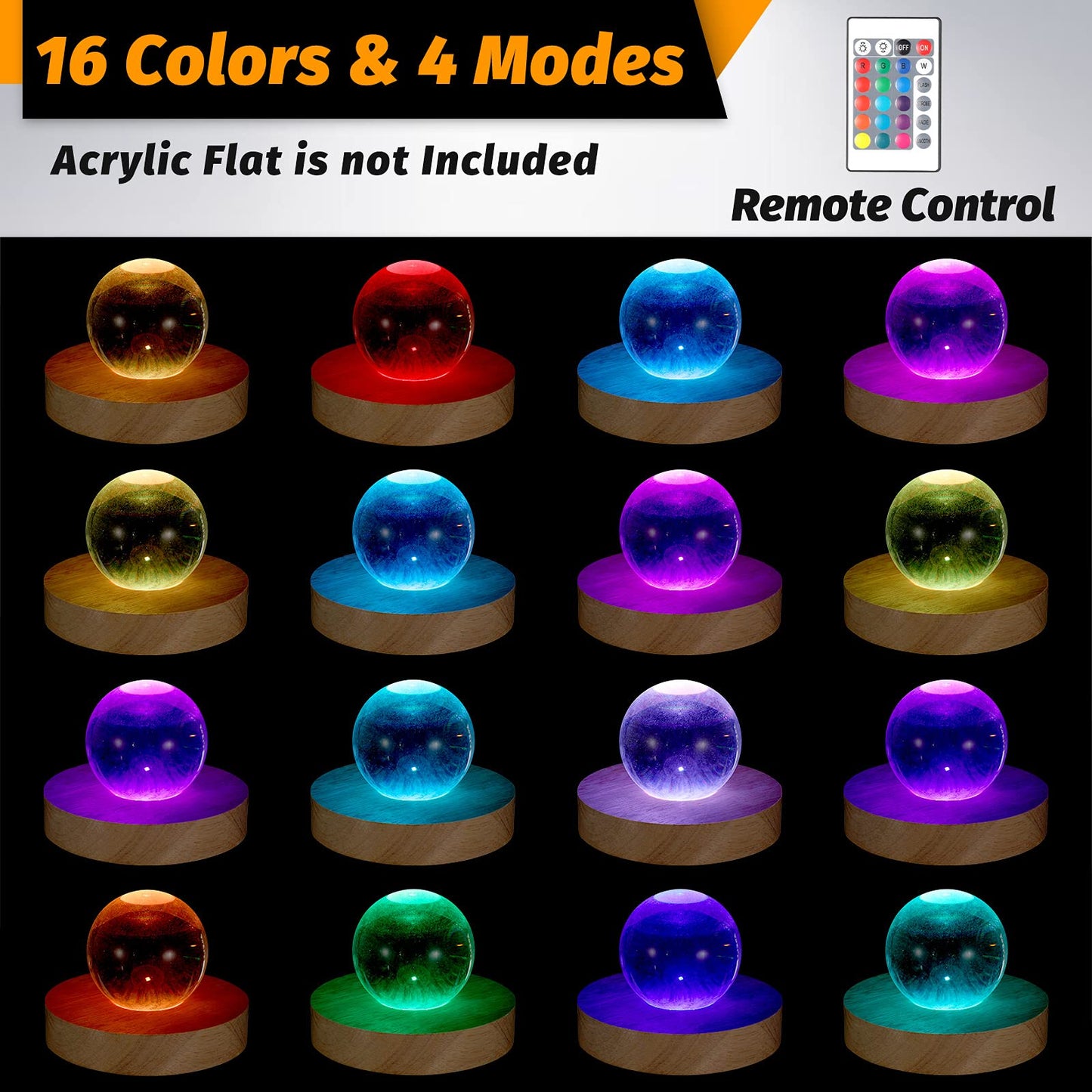 Honoson 3.94 Inch Wooden Light Stand Base Colorful LED Lights Display Base with Remote Control for Selenite Tower 3D Laser Crystal Glass Resin Art (2 Pieces)