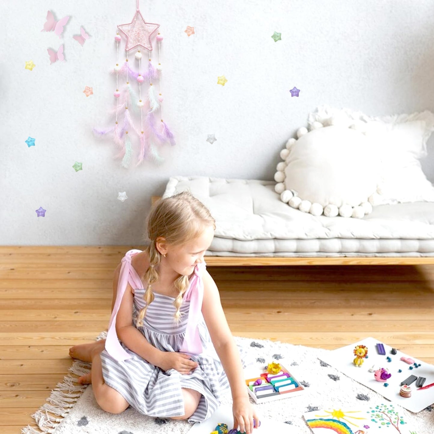Fun-Plus Pink Dream Catcher Wall Hanging Set - 10 Butterflies & 16 Stars, Boho Room Decor for Girls, Easy Peel & Stick Wall Art