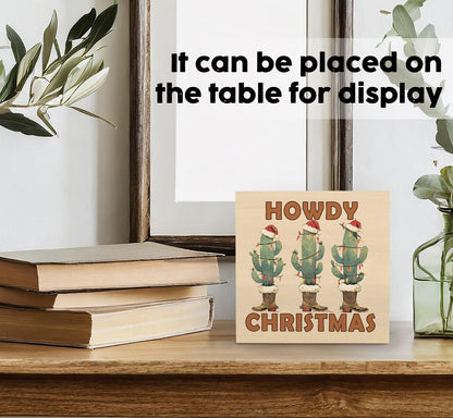 Nitelat Howdy Christmas Western Cactus Cowgirl Boots Wooden Box Sign, Country Christmas Wood Signs For Home Office Desk Shelf Table Decor, Western Decorations, 5x5 Inch