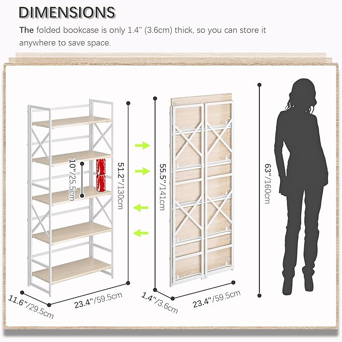 4NM 5 Tiers No Assembly Book Shelves, 51.2" H Folding Bookshelf Bookcase Open